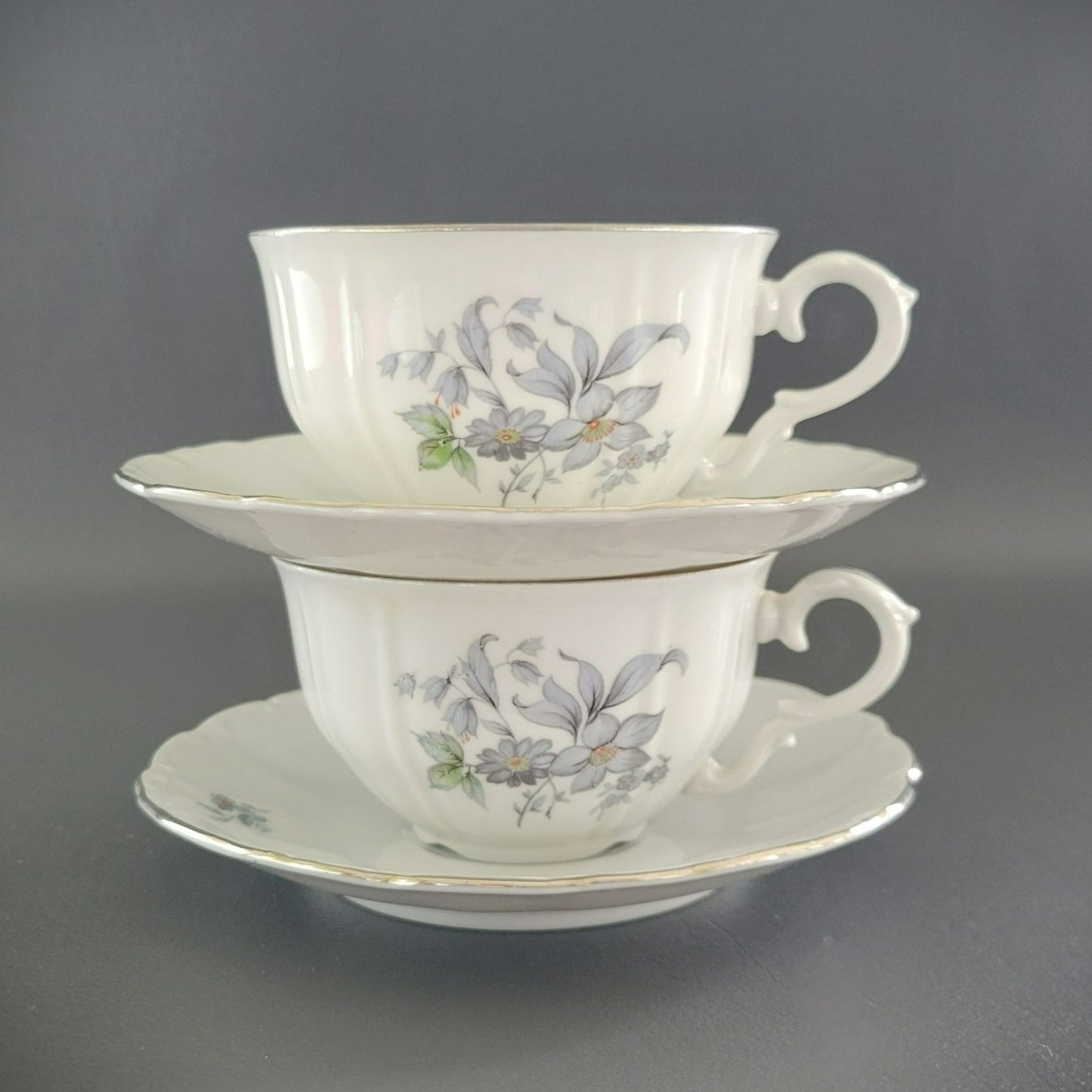 Bohemian China Wild Flower Teacup & Saucer, 2 Sets, Blue Gray, Silver Trim with Embossed Edge, Made in Czechoslovakia
