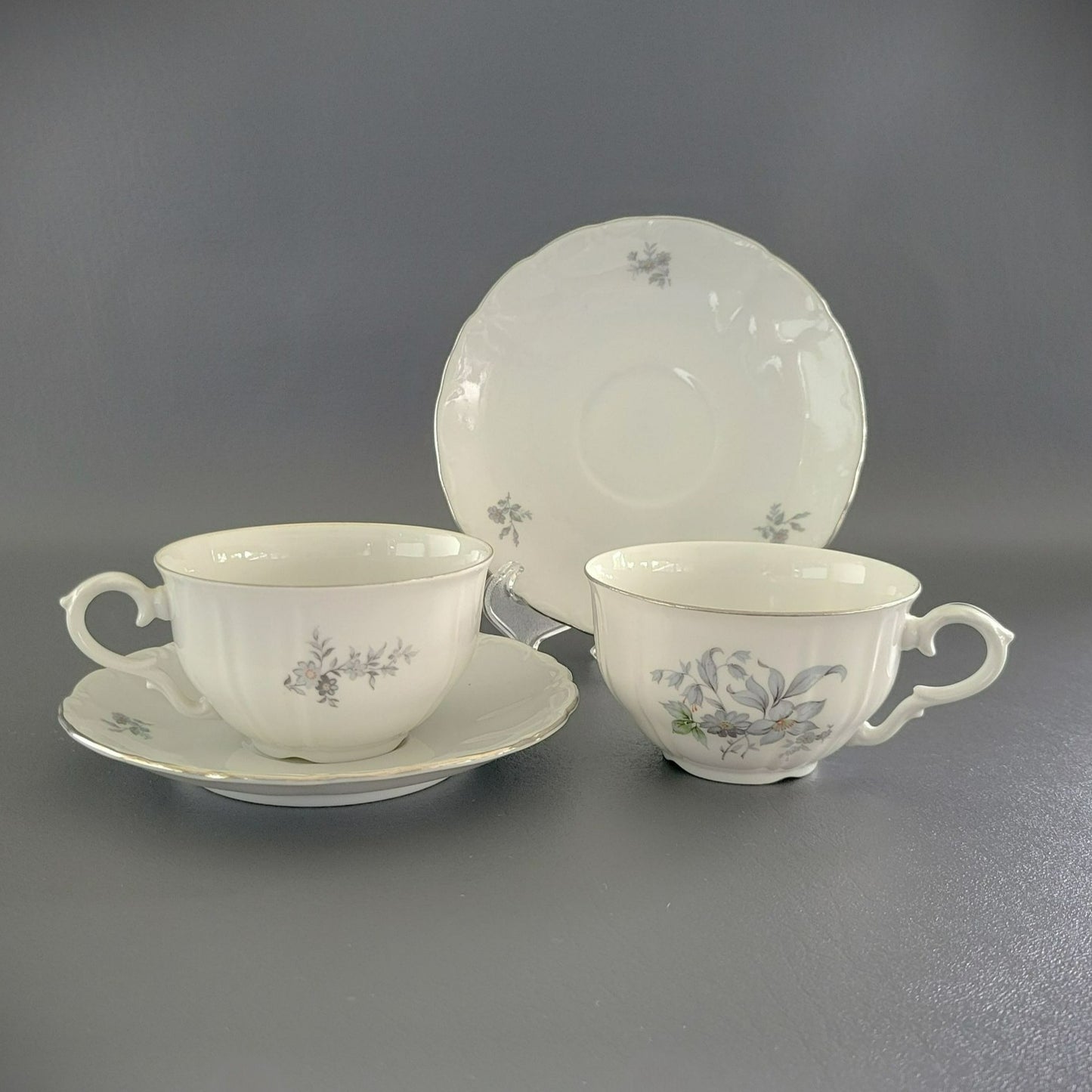 Bohemian China Wild Flower Teacup & Saucer, 2 Sets, Blue Gray, Silver Trim with Embossed Edge, Made in Czechoslovakia