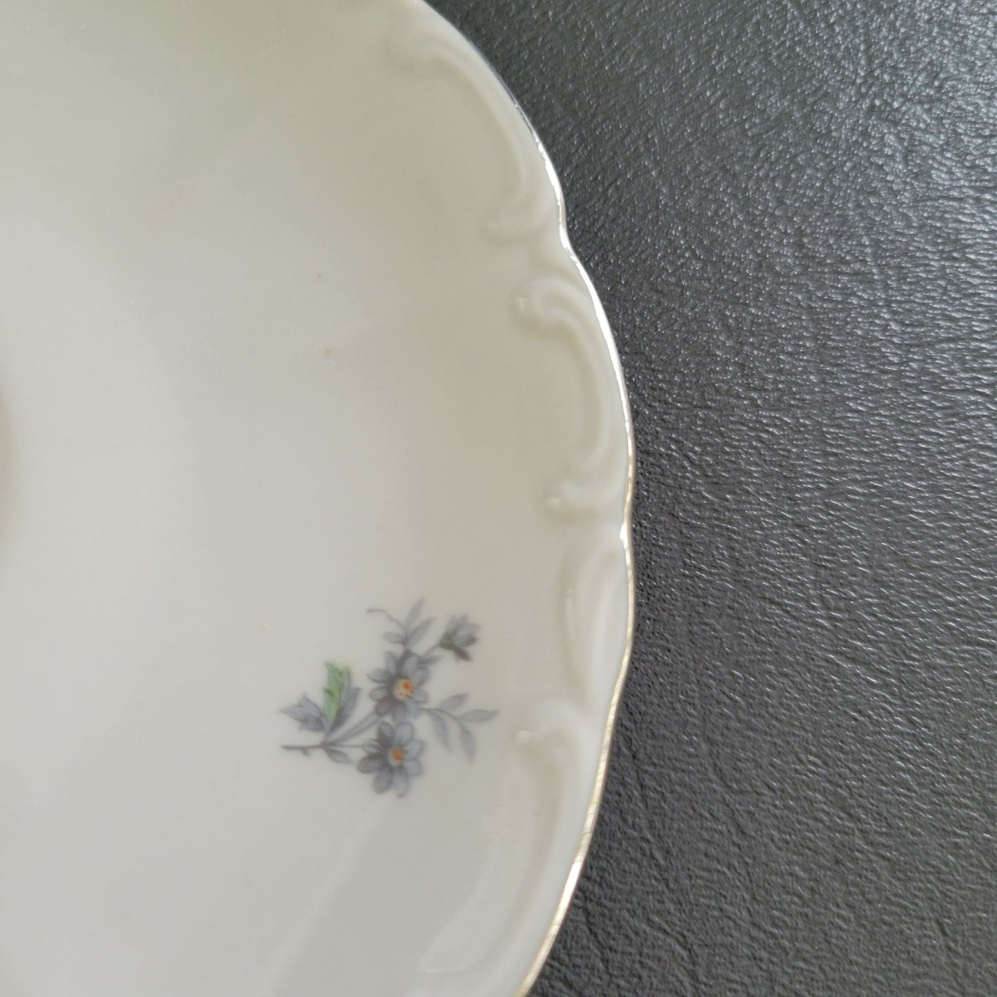 Bohemian China Wild Flower Teacup & Saucer, 2 Sets, Blue Gray, Silver Trim with Embossed Edge, Made in Czechoslovakia