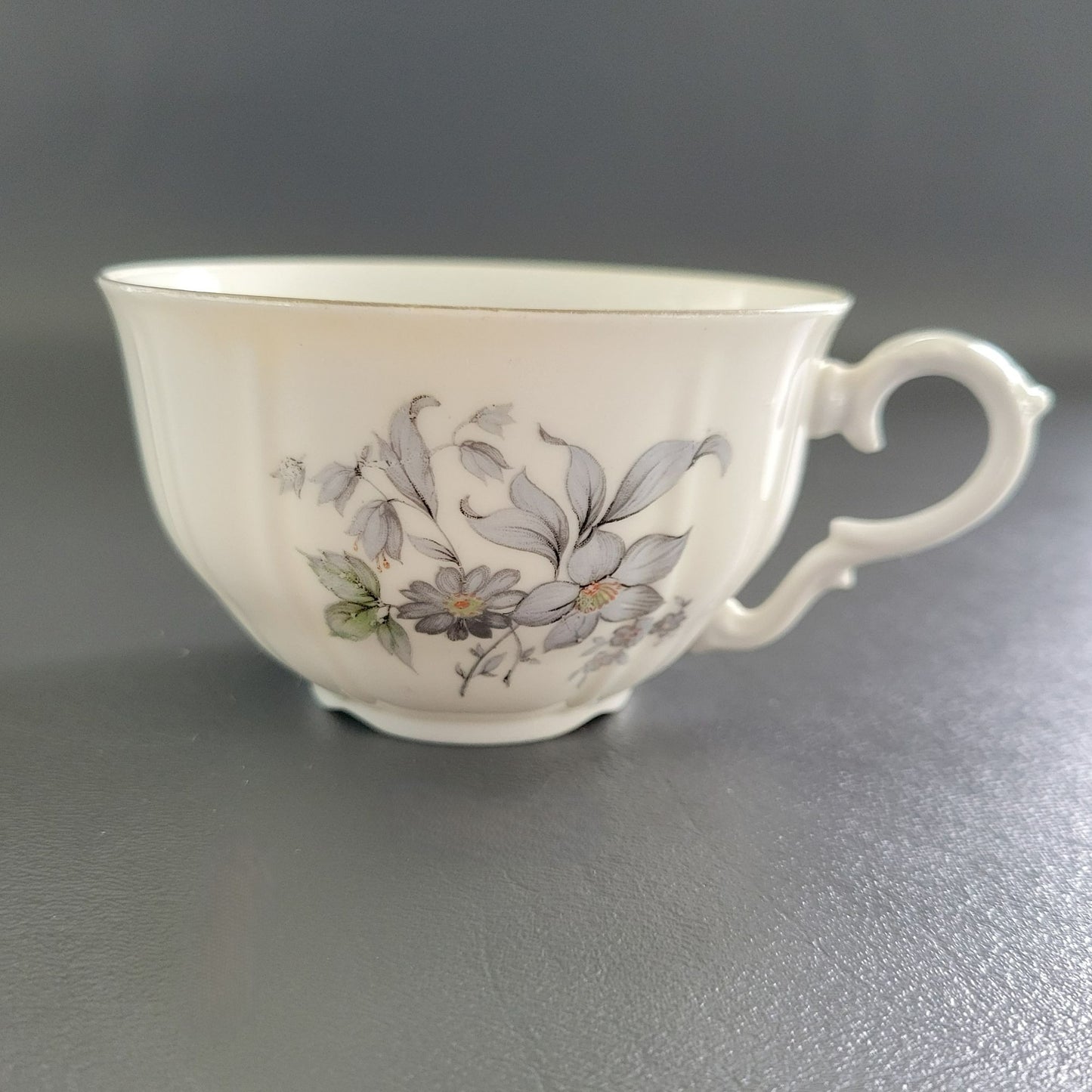 Bohemian China Wild Flower Teacup & Saucer, 2 Sets, Blue Gray, Silver Trim with Embossed Edge, Made in Czechoslovakia