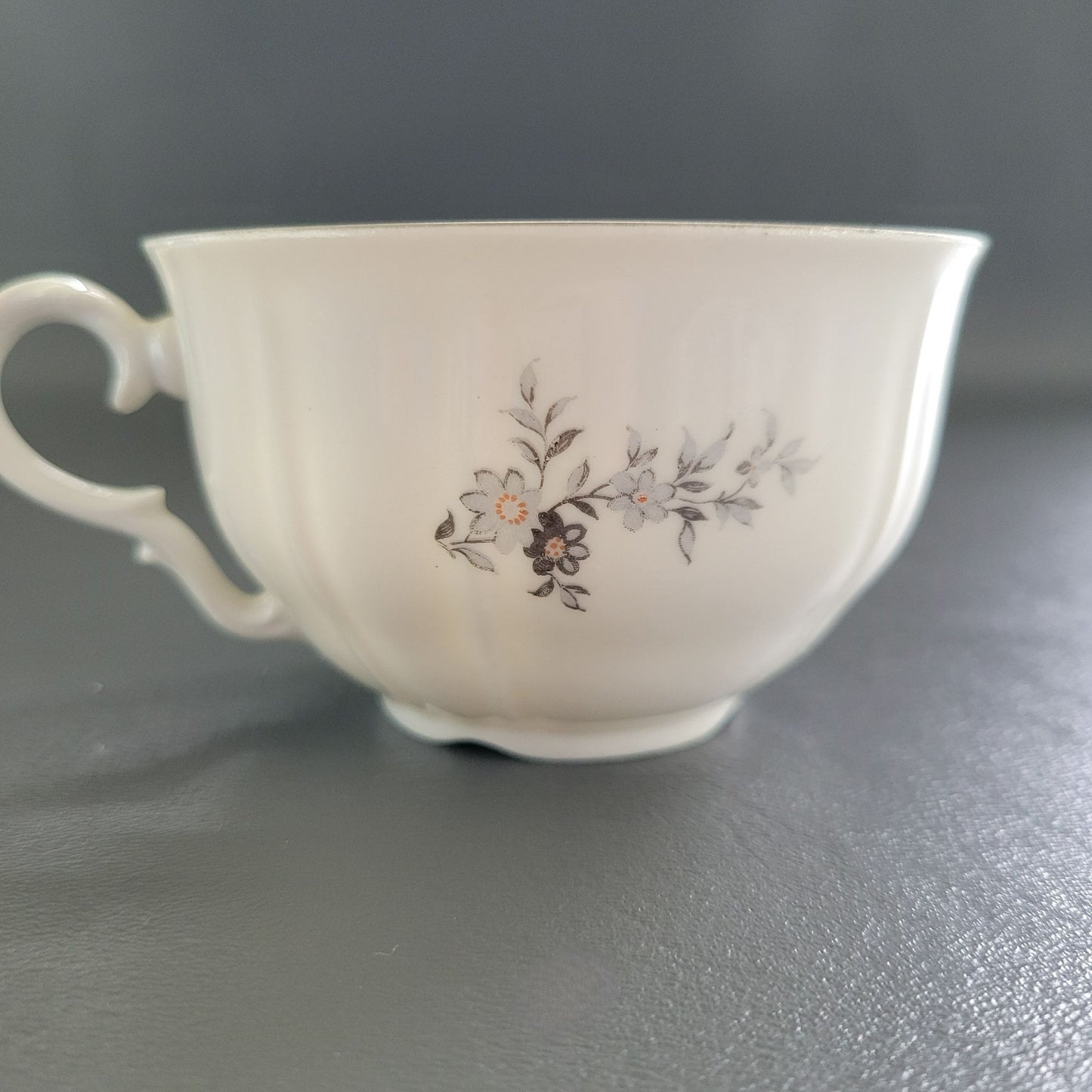 Bohemian China Wild Flower Teacup & Saucer, 2 Sets, Blue Gray, Silver Trim with Embossed Edge, Made in Czechoslovakia