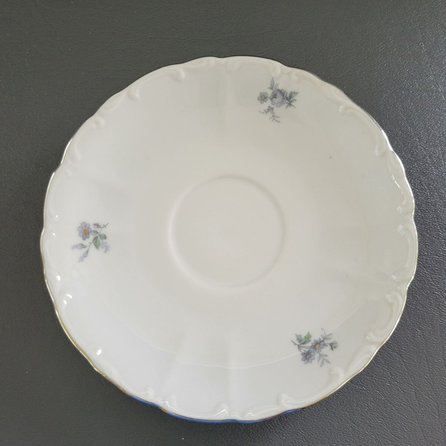 Bohemian China Wild Flower Teacup & Saucer, 2 Sets, Blue Gray, Silver Trim with Embossed Edge, Made in Czechoslovakia