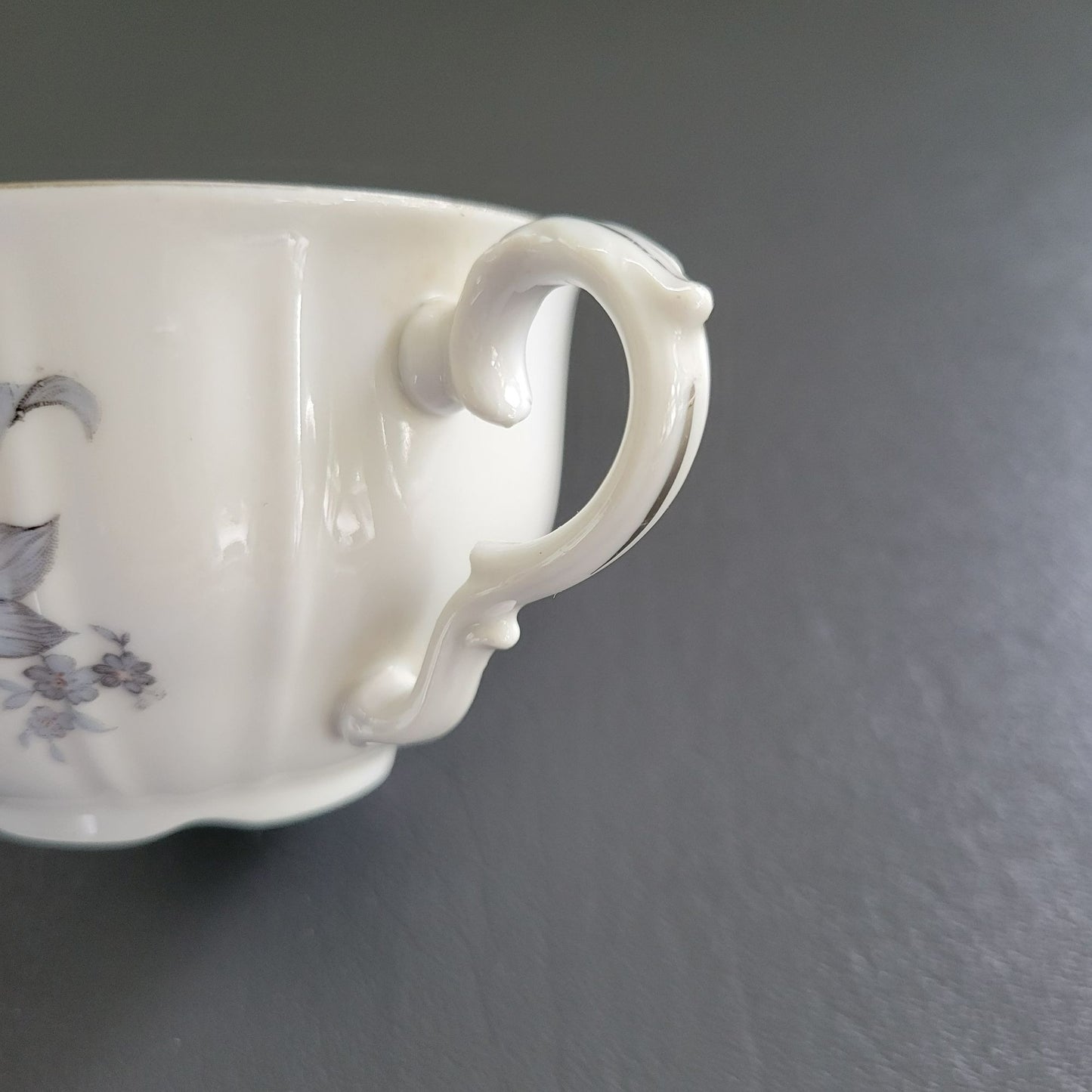 Bohemian China Wild Flower Teacup & Saucer, 2 Sets, Blue Gray, Silver Trim with Embossed Edge, Made in Czechoslovakia