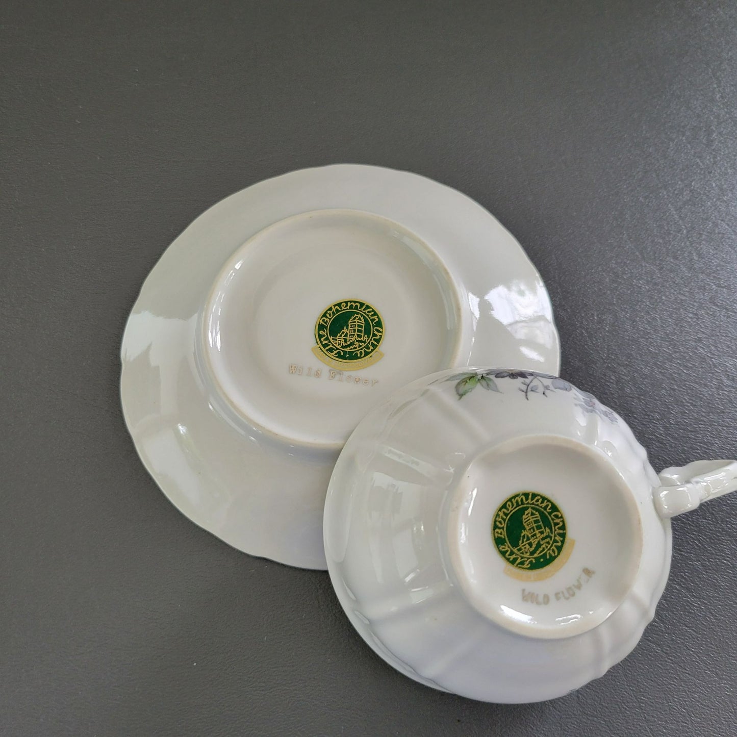 Bohemian China Wild Flower Teacup & Saucer, 2 Sets, Blue Gray, Silver Trim with Embossed Edge, Made in Czechoslovakia