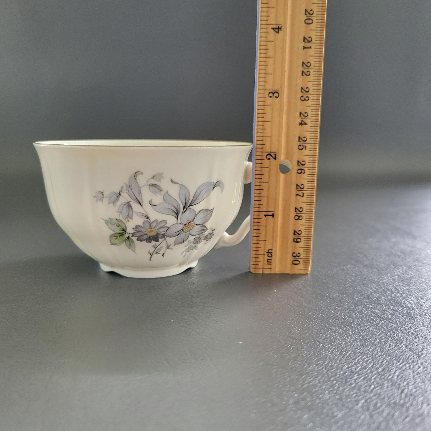 Bohemian China Wild Flower Teacup & Saucer, 2 Sets, Blue Gray, Silver Trim with Embossed Edge, Made in Czechoslovakia
