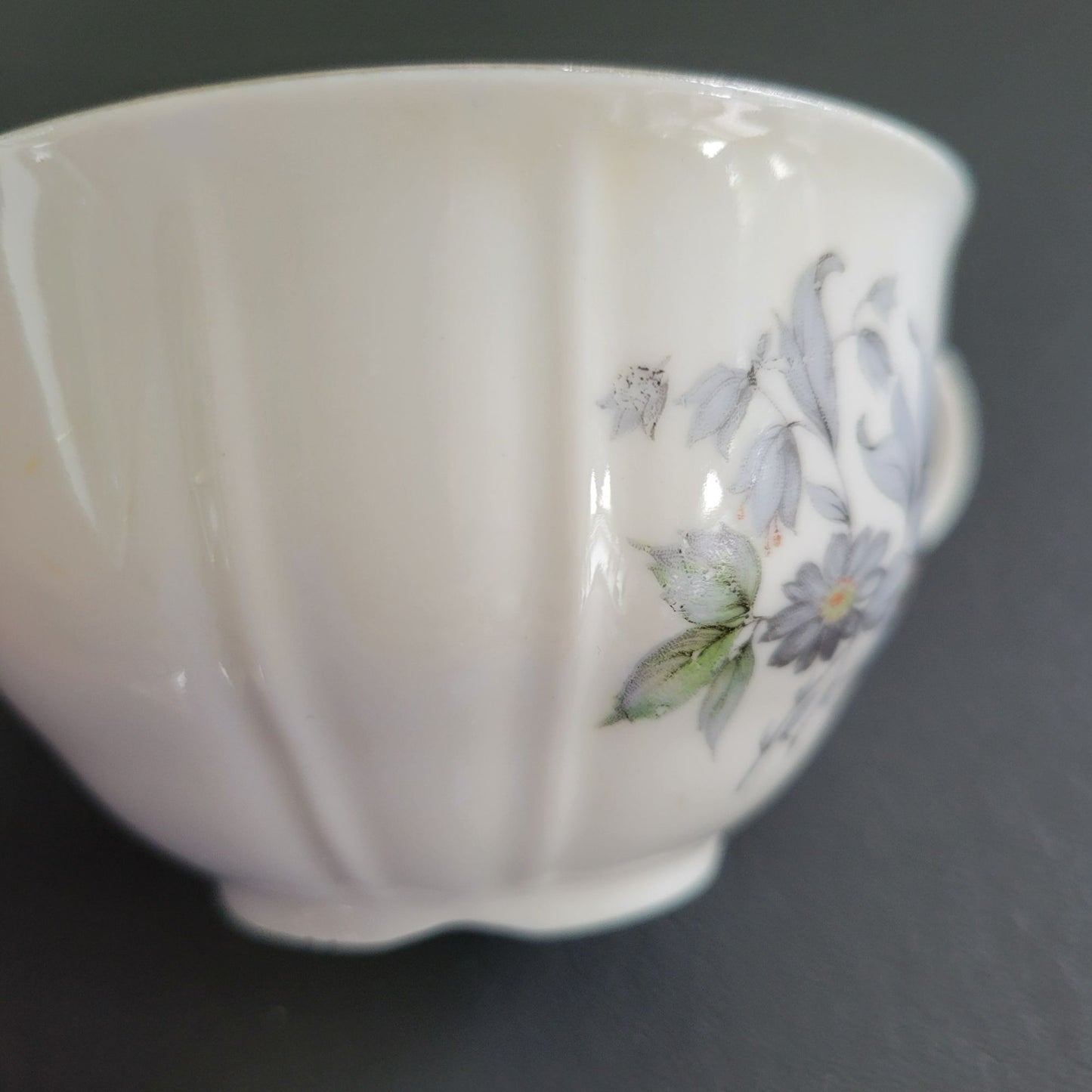 Bohemian China Wild Flower Teacup & Saucer, 2 Sets, Blue Gray, Silver Trim with Embossed Edge, Made in Czechoslovakia