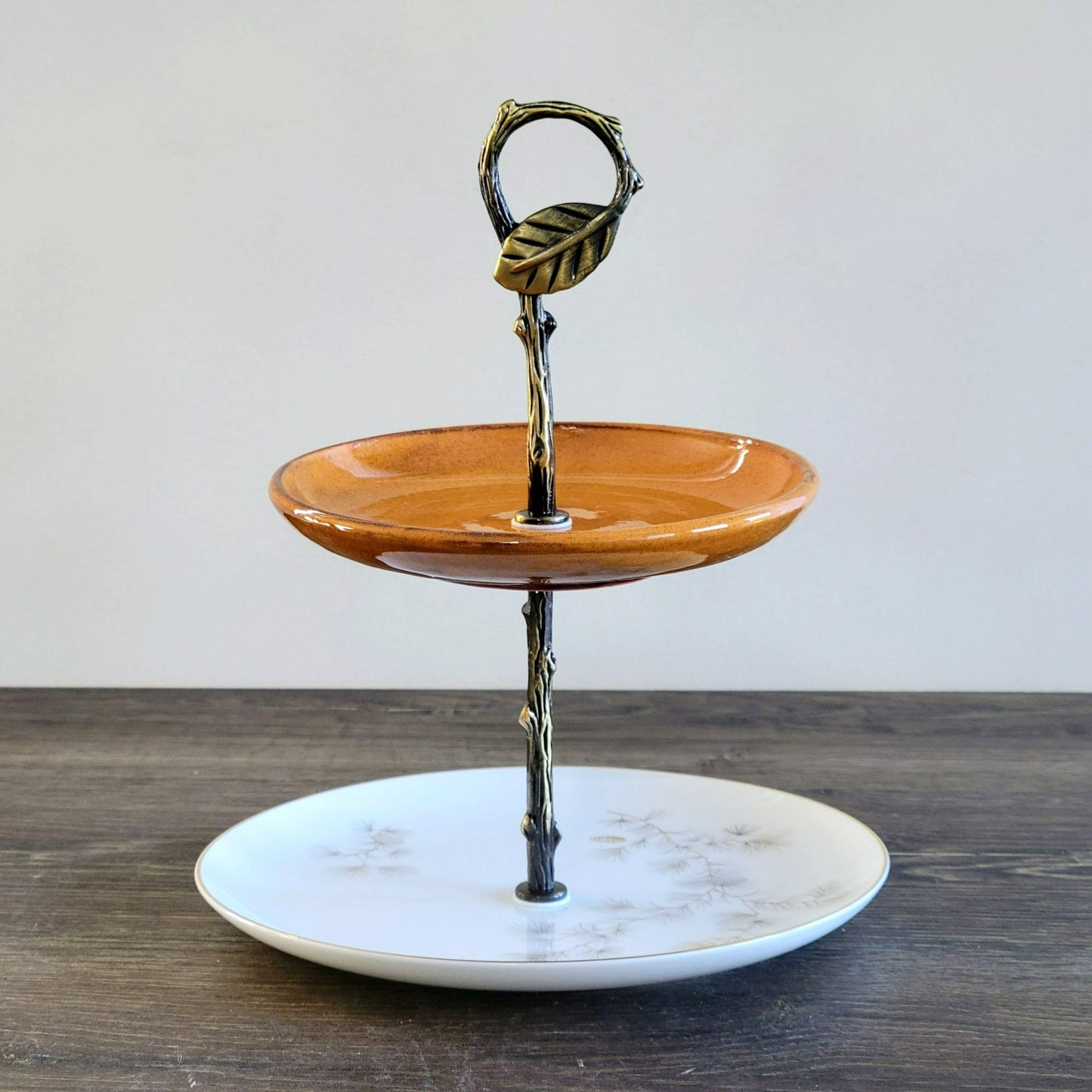Mismatched 2 Tiered Dessert Stand, Burnt Orange w/ Pinecone & Branch Design