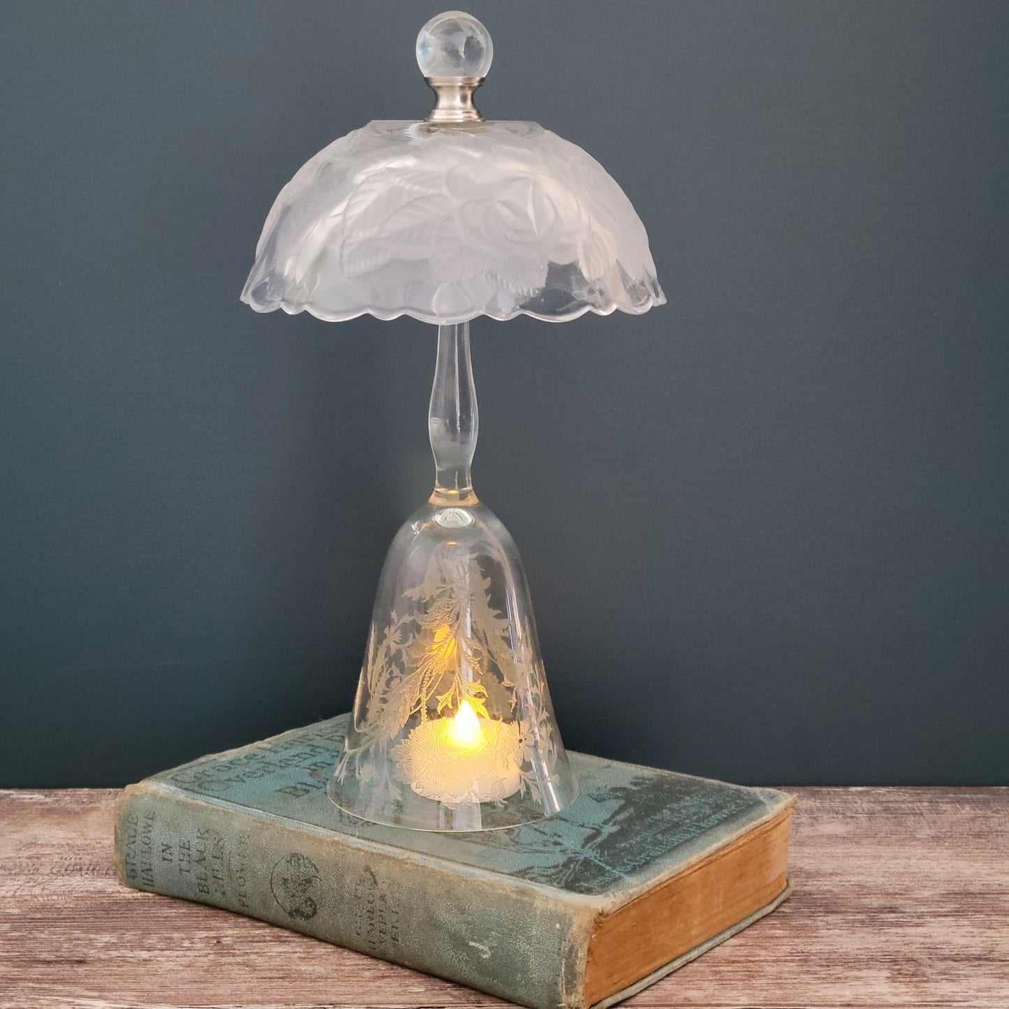 Floral Fairy Lamp Crafted From Vintage Mikasa & Tiffin Glass, Embossed & Etched Flower Design