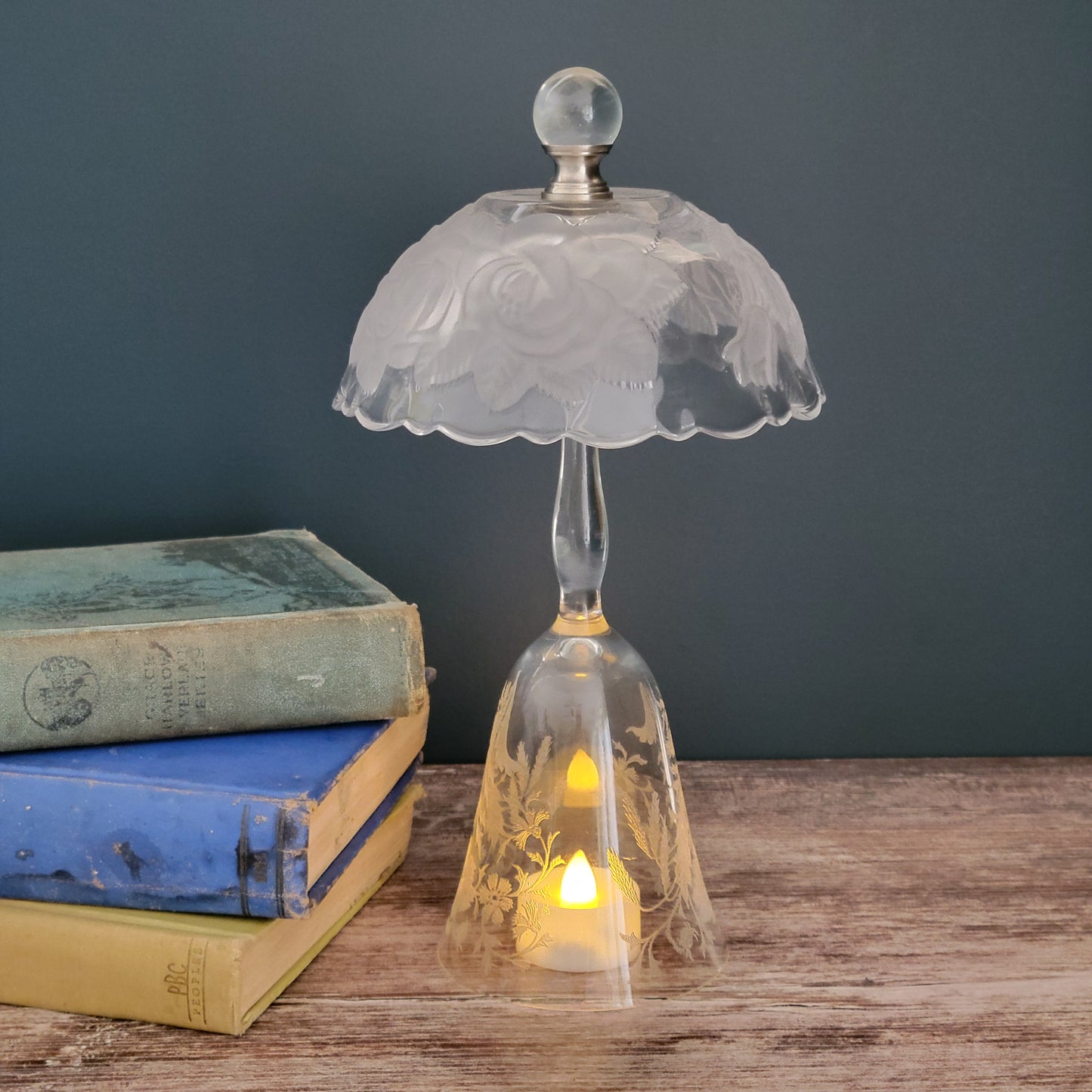 Floral Fairy Lamp Crafted From Vintage Mikasa & Tiffin Glass, Embossed & Etched Flower Design