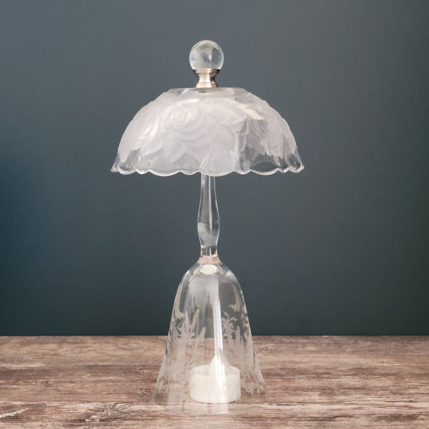 Floral Fairy Lamp Crafted From Vintage Mikasa & Tiffin Glass, Embossed & Etched Flower Design