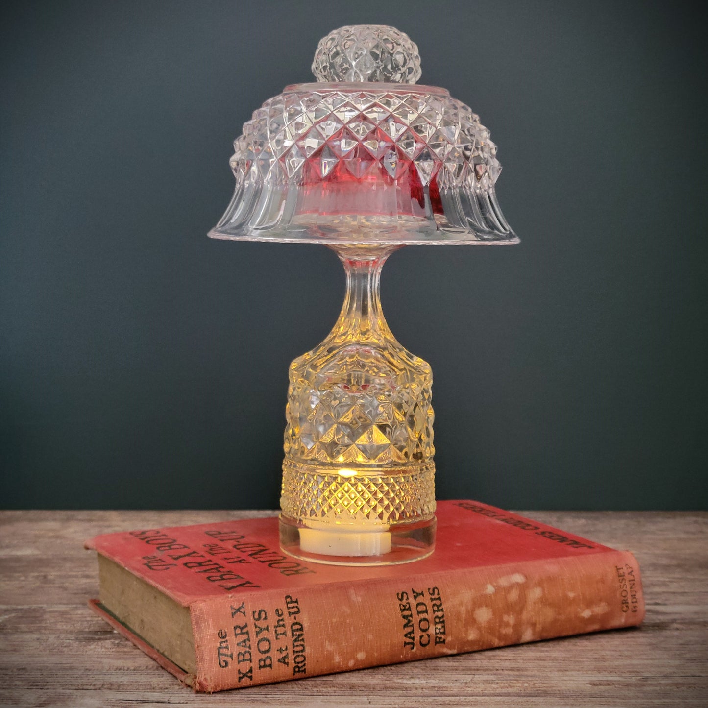 Vintage Upcycled Glass Fairy Lamp, Red & Clear with Diamond Design