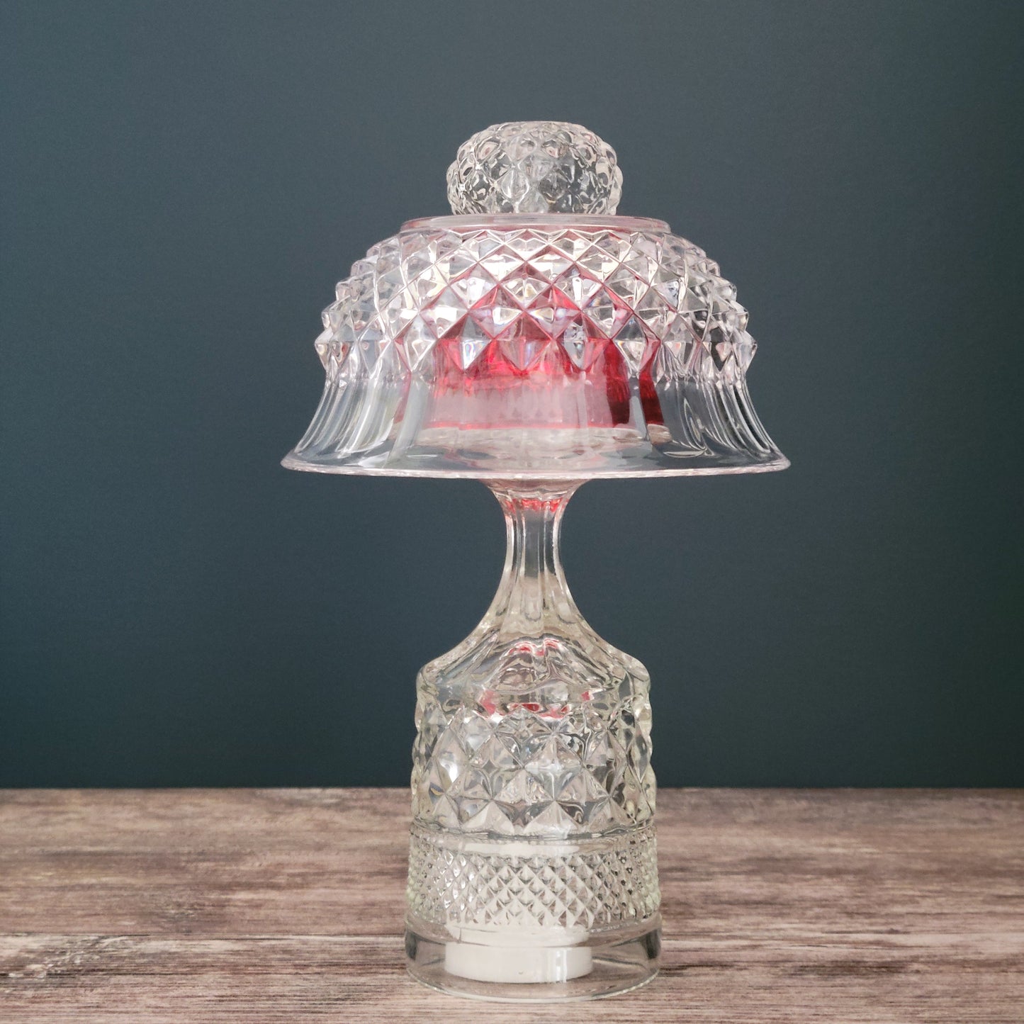 Vintage Upcycled Glass Fairy Lamp, Red & Clear with Diamond Design