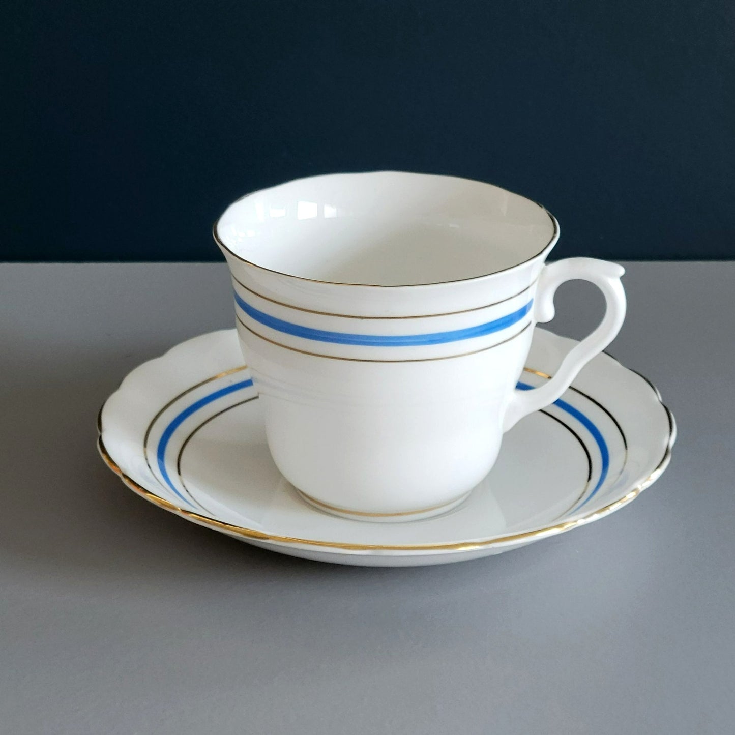 Colclough Tea Cup & Saucer, White, Blue & Gold Bone China Made in England