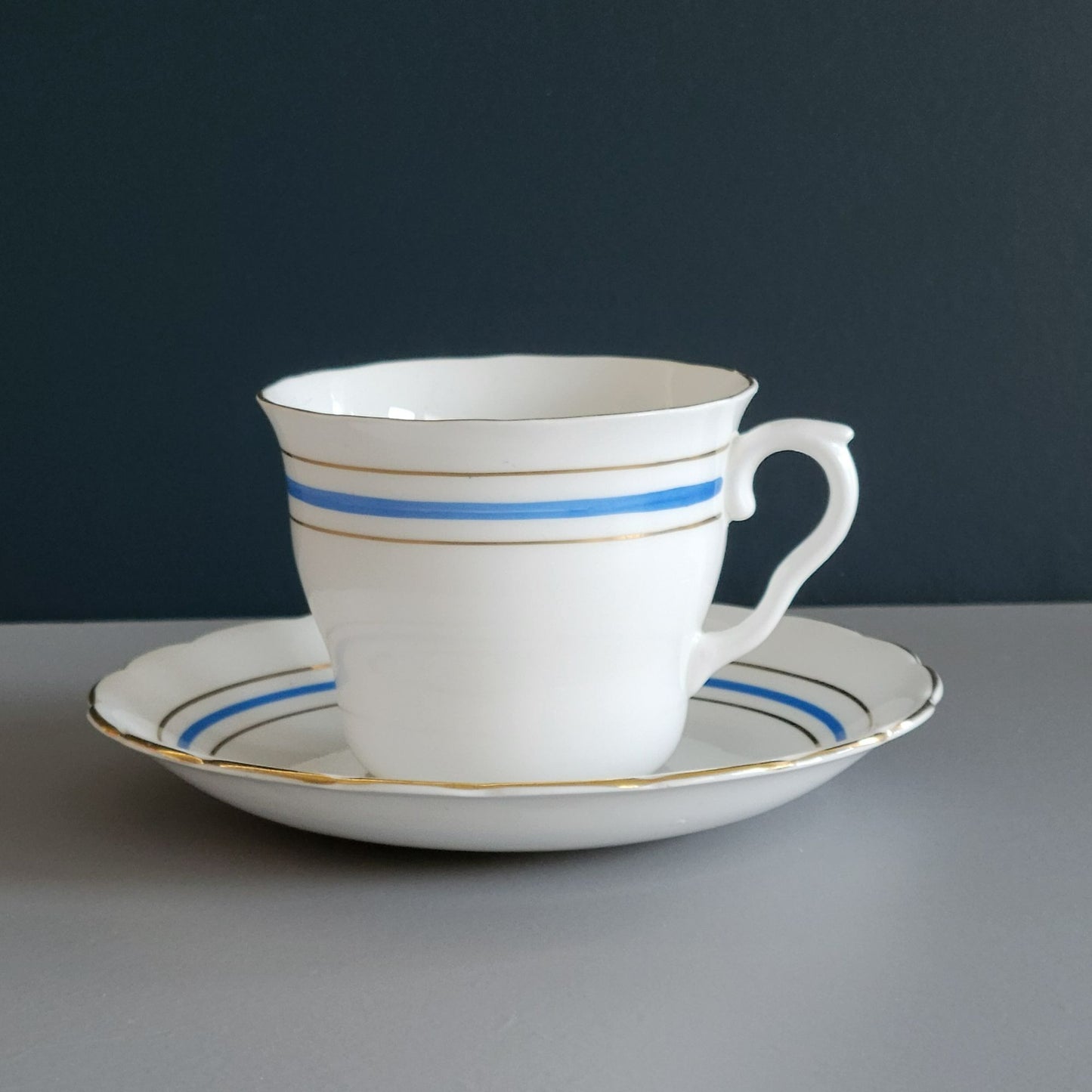 Colclough Tea Cup & Saucer, White, Blue & Gold Bone China Made in England