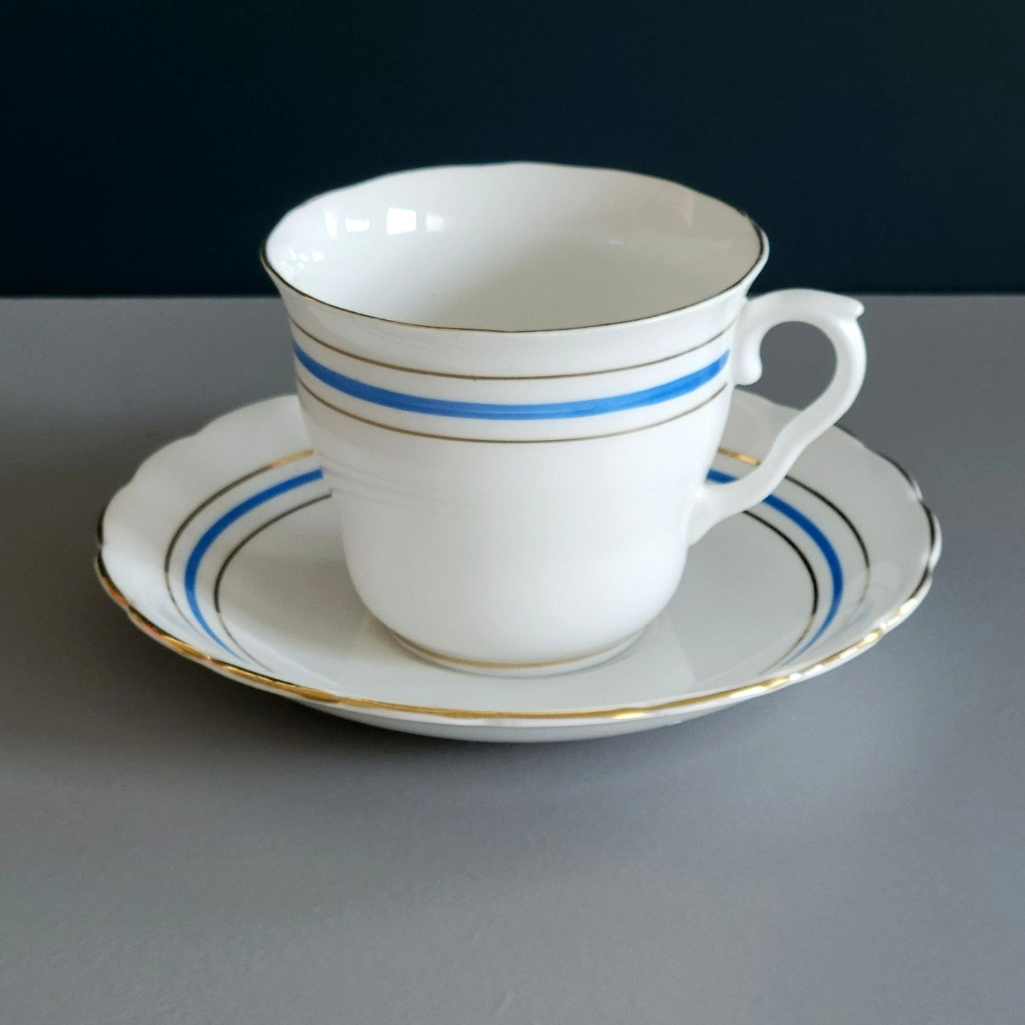 Colclough Tea Cup & Saucer, White, Blue & Gold Bone China Made in England