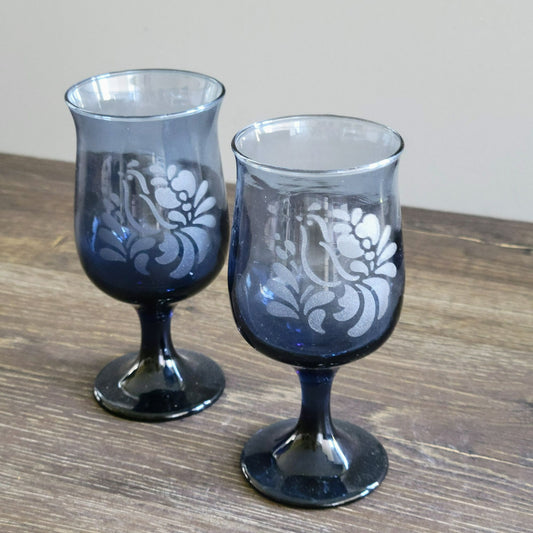 Pfaltzgraff Folk Art Blue Wine Glasses, Set of 2, USA Made