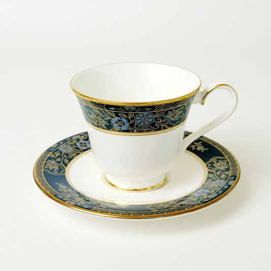 Royal Doulton Carlyle Teacup & Saucer, Dark Teal Band, Blue Flowers, Gold Leaves on Trim, Made in England