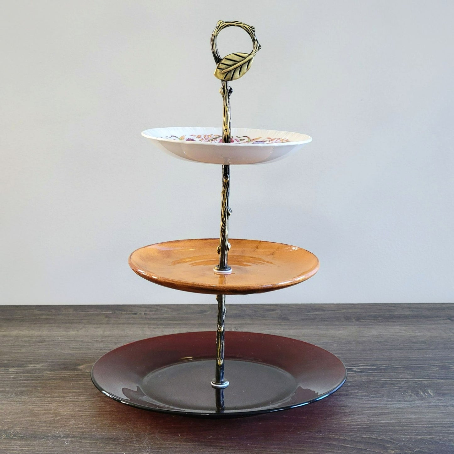 Mismatched 3 Tiered Dessert Stand, Made From Wedgwood & Anchor Hocking Plates
