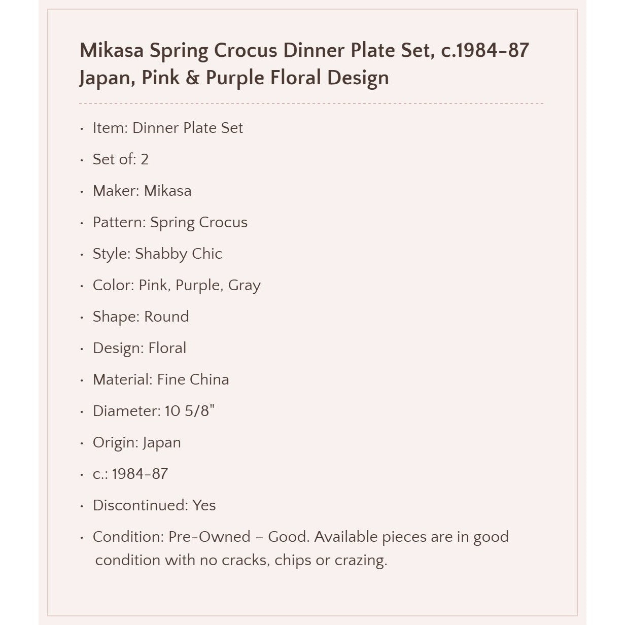 Mikasa "Spring Crocus" Dinner Plate Set of 2, c.1984-87 Japan