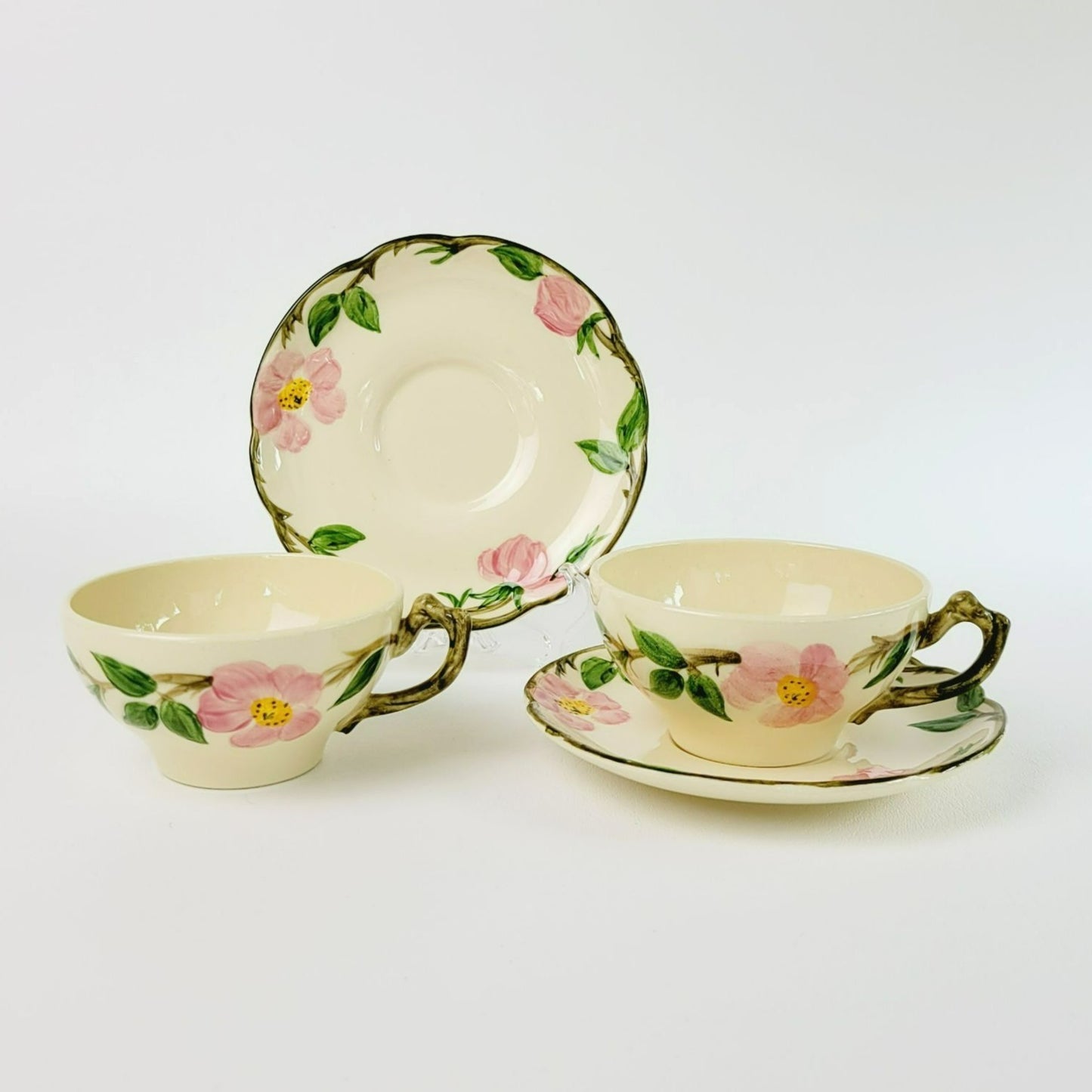Franciscan Desert Rose Teacup & Saucer, 2 Sets, Hand Painted & Embossed Pink Floral, c.1949-53 USA
