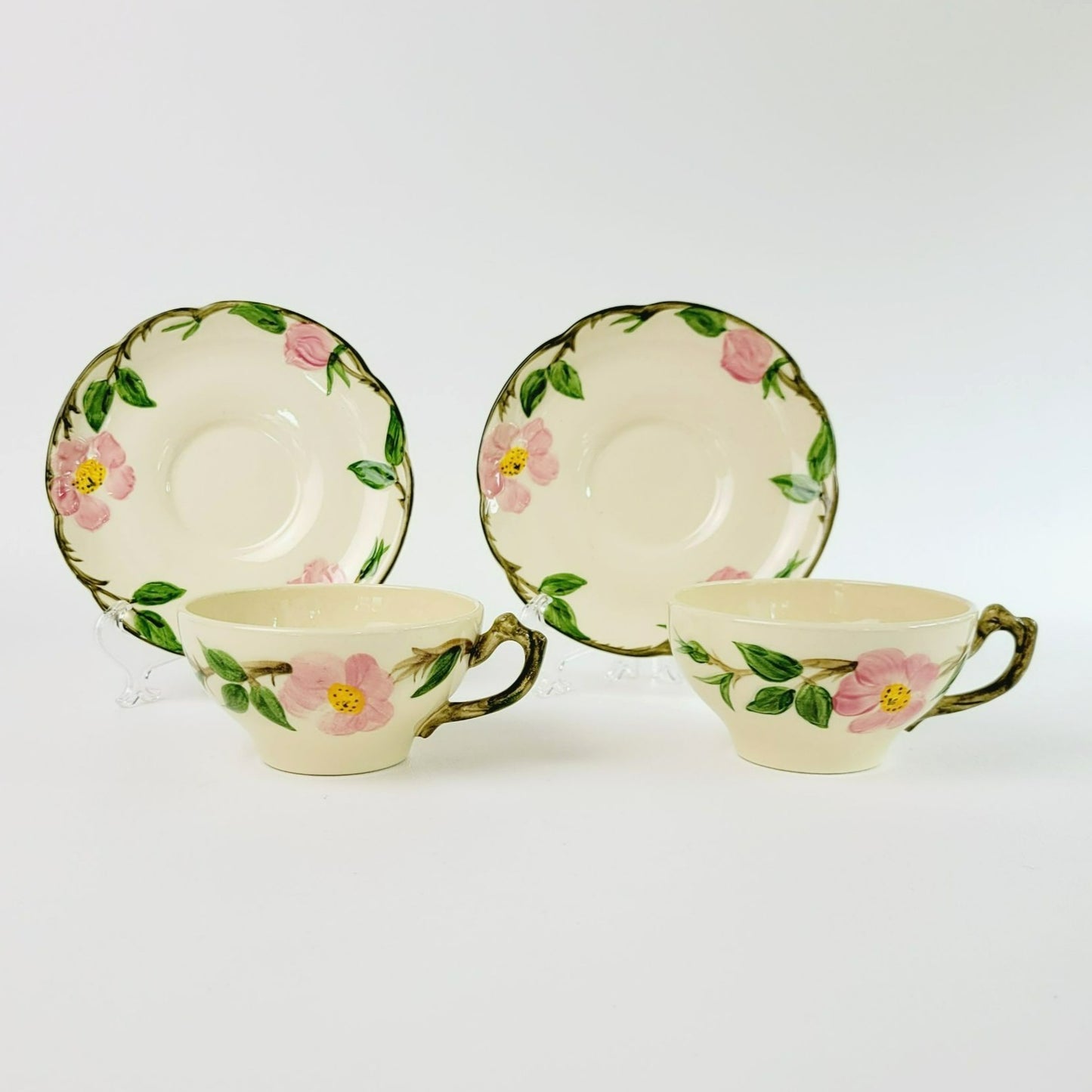Franciscan Desert Rose Teacup & Saucer, 2 Sets, Hand Painted & Embossed Pink Floral, c.1949-53 USA