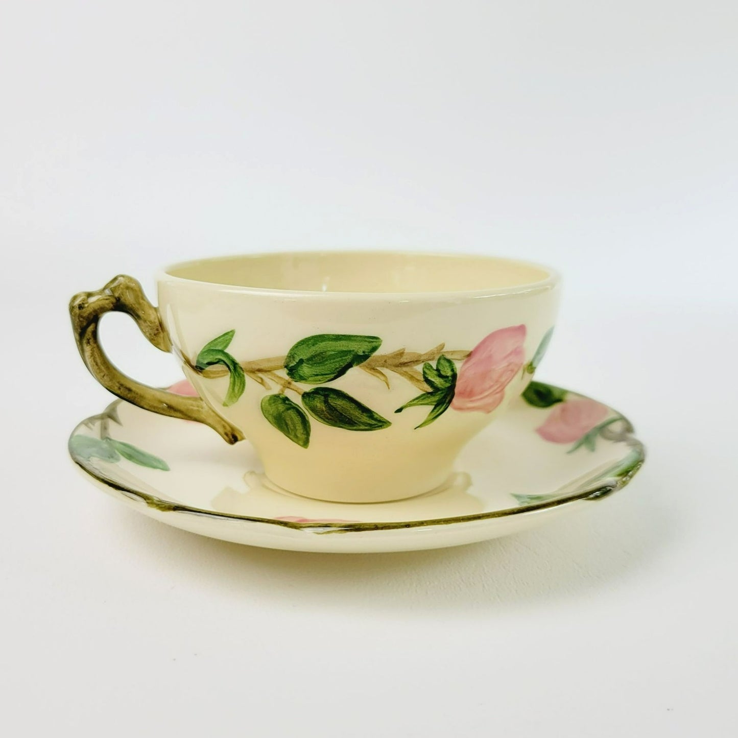 Franciscan Desert Rose Teacup & Saucer, 2 Sets, Hand Painted & Embossed Pink Floral, c.1949-53 USA