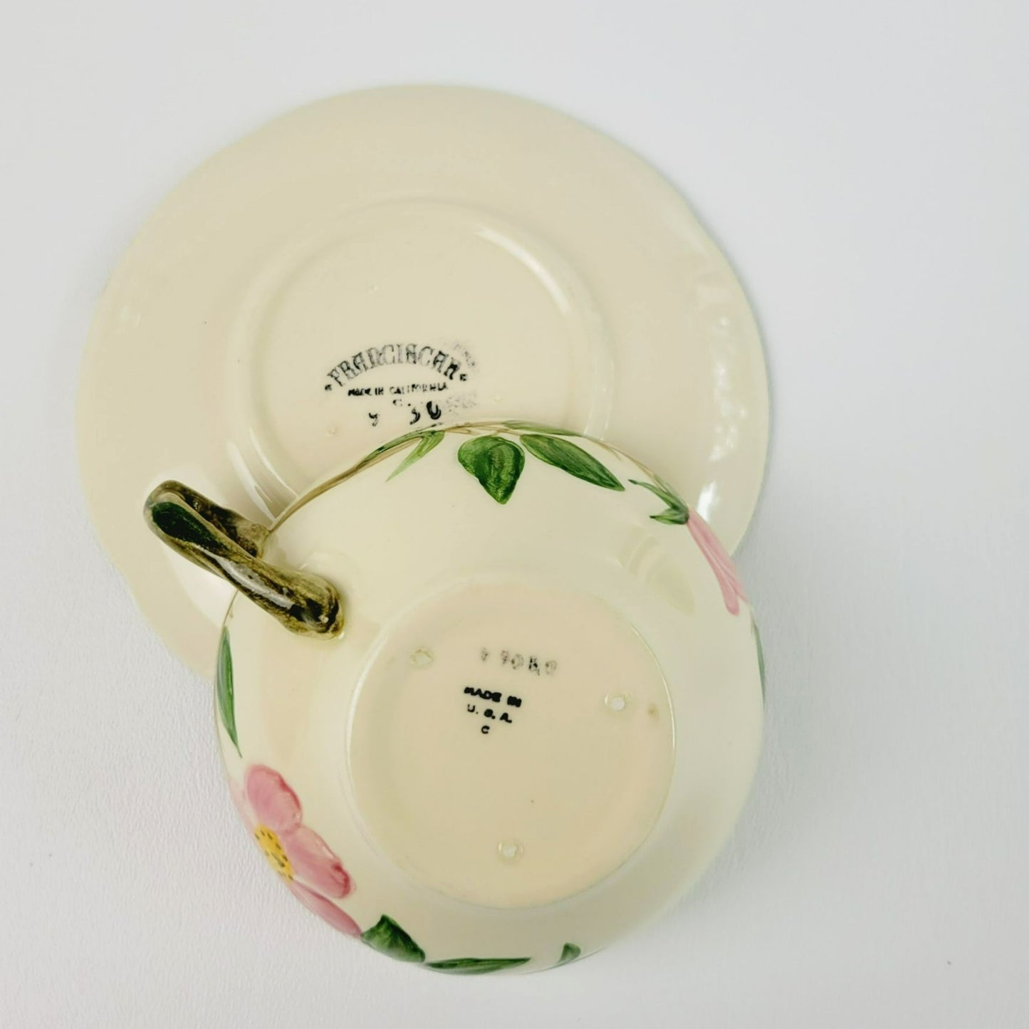 Franciscan Desert Rose Teacup & Saucer, 2 Sets, Hand Painted & Embossed Pink Floral, c.1949-53 USA