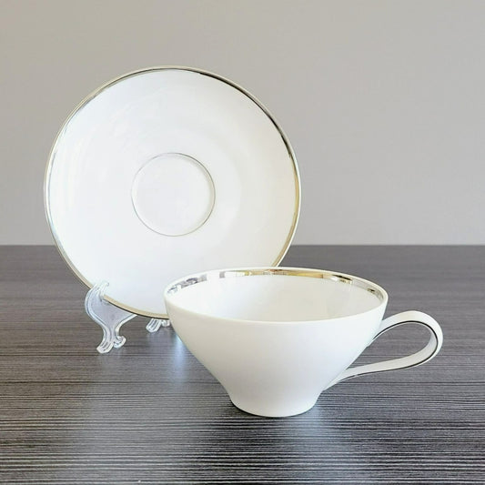 Johann Haviland White Teacup & Saucer Platinum Trim, Wedding Ring Pattern, c.1960s Germany-*-
