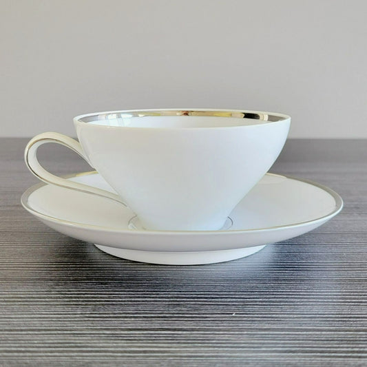 Johann Haviland White Teacup & Saucer Platinum Trim, Wedding Ring Pattern, c.1960s Germany-*-