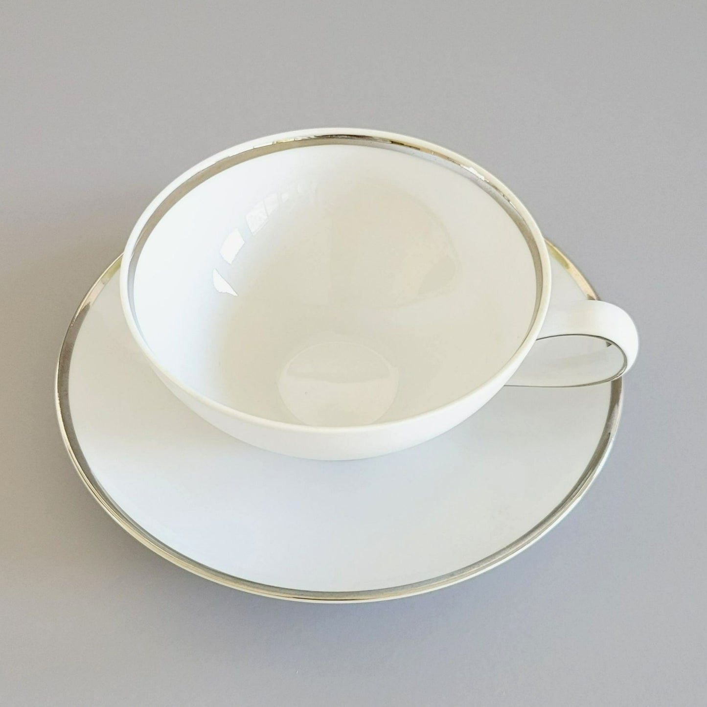 Johann Haviland White Teacup & Saucer Platinum Trim, Wedding Ring Pattern, c.1960s Germany-*-