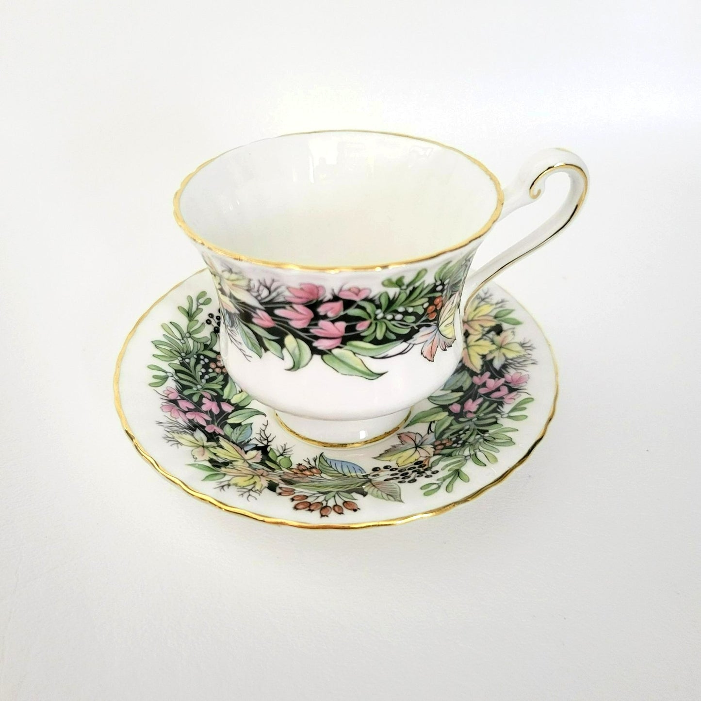 Paragon Demitasse Cup & Saucer, Pink Floral and Green Leaves, By Appointment to Her Majesty The Queen, c.1938-52 England