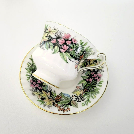 Paragon Demitasse Cup & Saucer, Pink Floral and Green Leaves, By Appointment to Her Majesty The Queen, c.1938-52 England