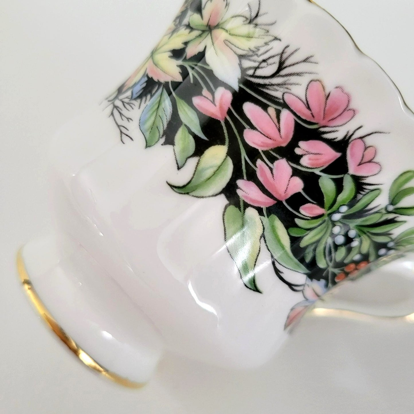 Paragon Demitasse Cup & Saucer, Pink Floral and Green Leaves, By Appointment to Her Majesty The Queen, c.1938-52 England