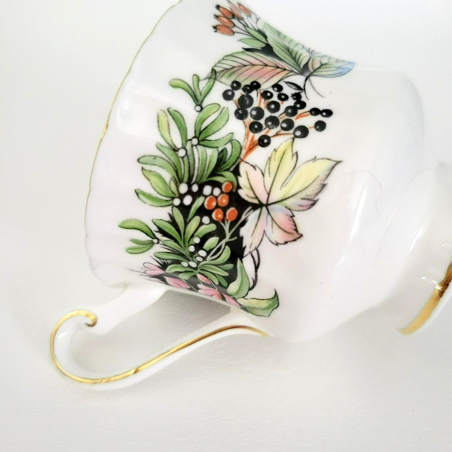 Paragon Demitasse Cup & Saucer, Pink Floral and Green Leaves, By Appointment to Her Majesty The Queen, c.1938-52 England