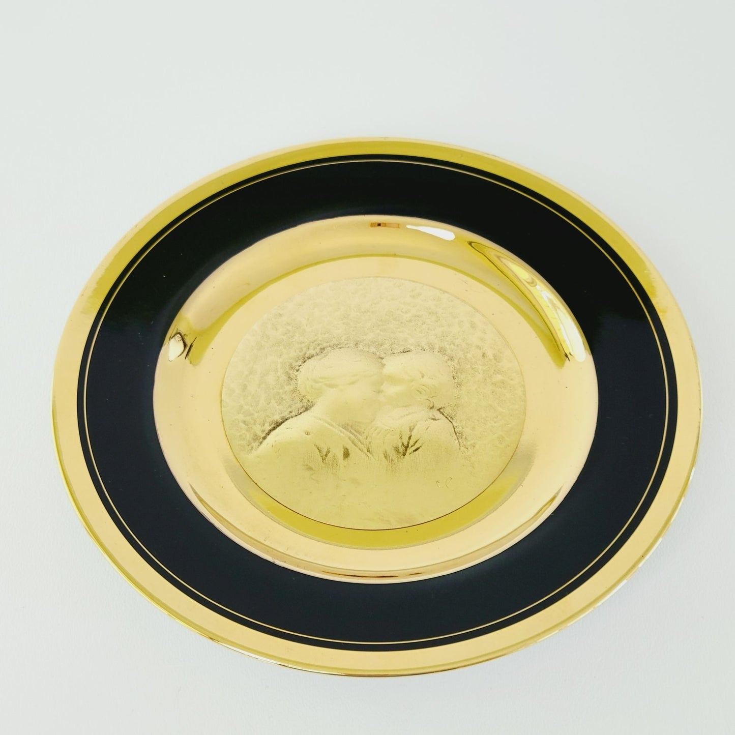 Vintage Japanese Chokin Mother and Child Plate, 18K Gold Over Copper, Gold & Black, 1983 Limited Edition