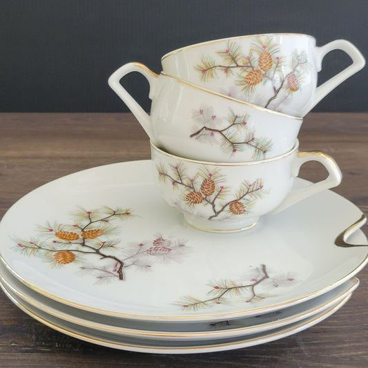 Vintage Pinecone Teacup & Snack Tray, Set of 3