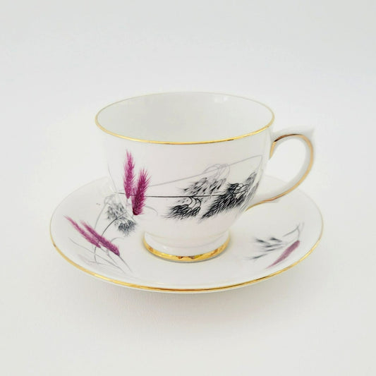 Vintage Pink and Black Wheat Teacup & Saucer by Ainsdale China, c.1960s England, Art Deco Style