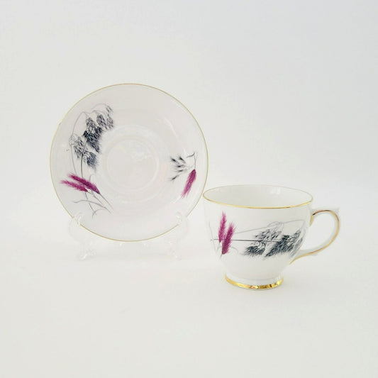 Vintage Pink and Black Wheat Teacup & Saucer by Ainsdale China, c.1960s England, Art Deco Style