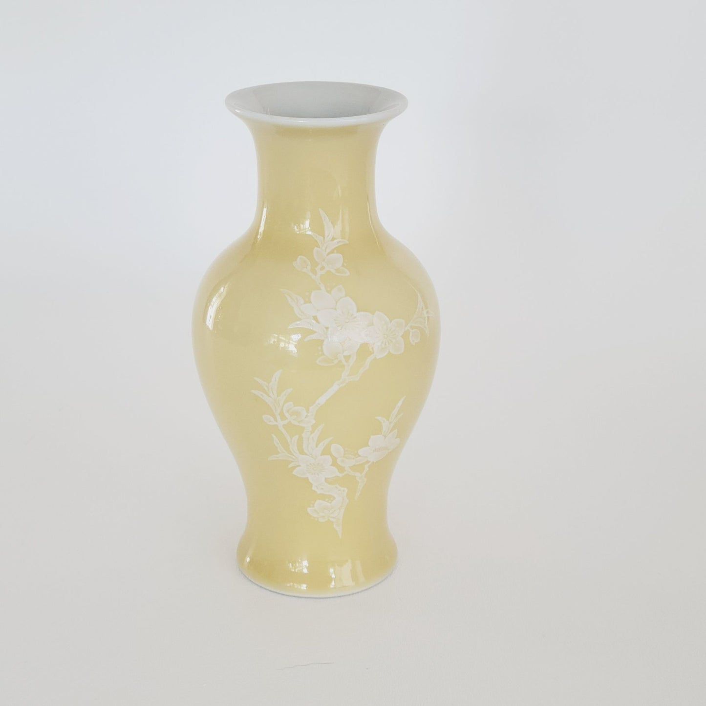 Chinese Yellow Cherry Blossom 6.5" Bud Vase White Floral Pate-Sur-Pate Paste, Jingdezhen Zhi c.1950-70