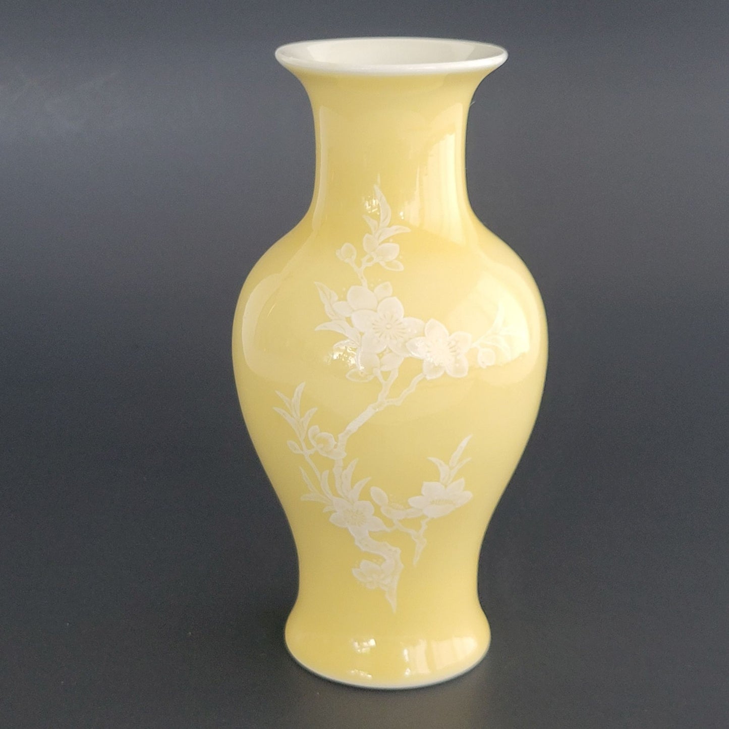 Chinese Yellow Cherry Blossom 6.5" Bud Vase White Floral Pate-Sur-Pate Paste, Jingdezhen Zhi c.1950-70