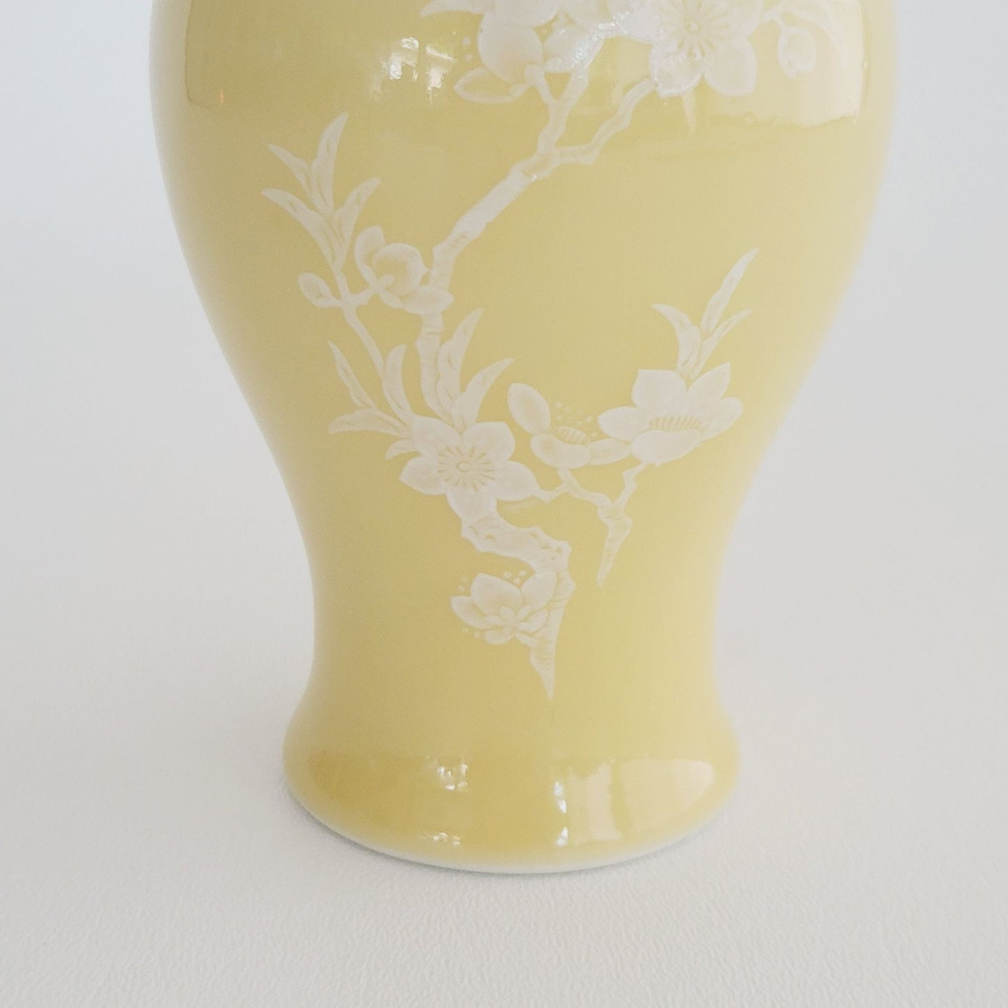Chinese Yellow Cherry Blossom 6.5" Bud Vase White Floral Pate-Sur-Pate Paste, Jingdezhen Zhi c.1950-70