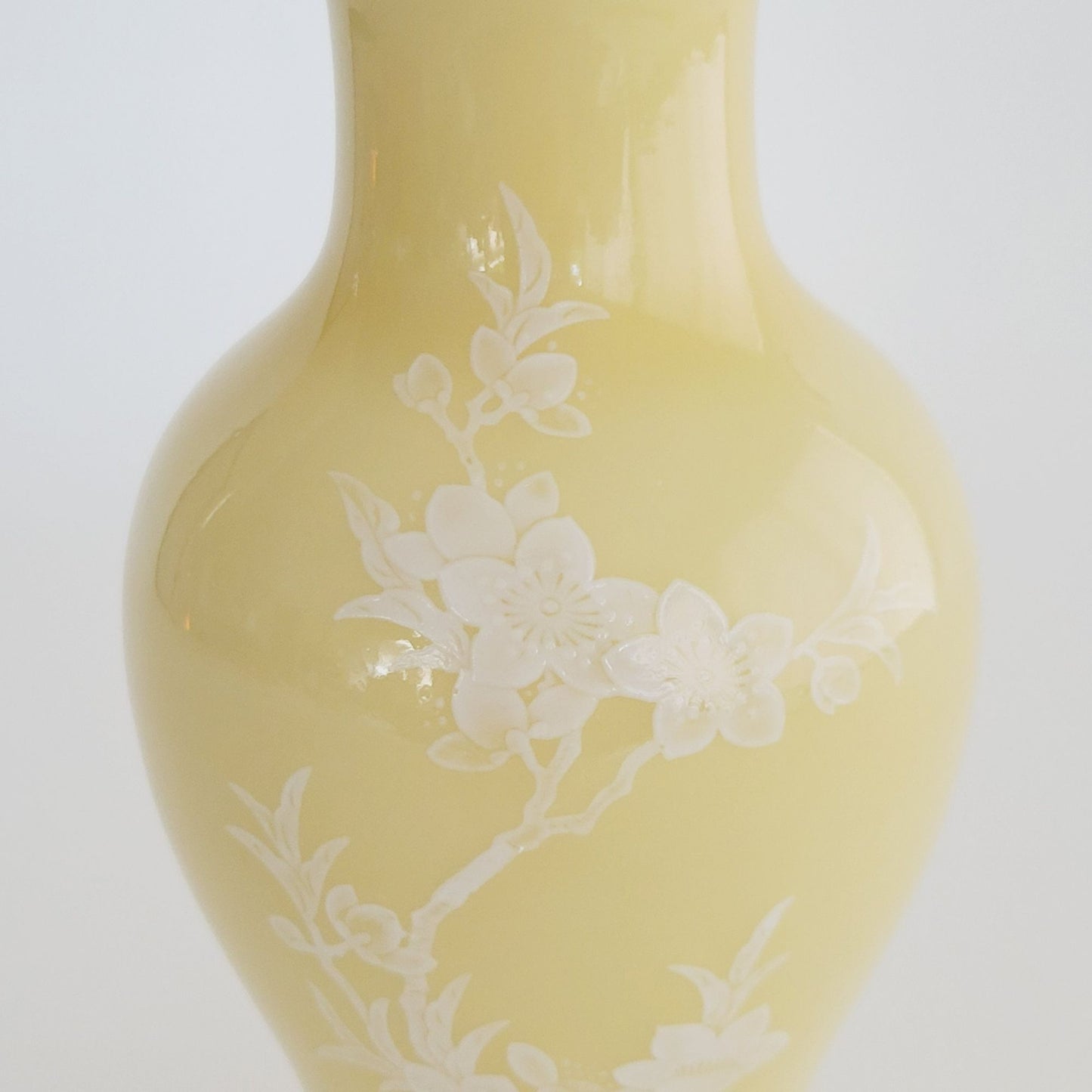 Chinese Yellow Cherry Blossom 6.5" Bud Vase White Floral Pate-Sur-Pate Paste, Jingdezhen Zhi c.1950-70