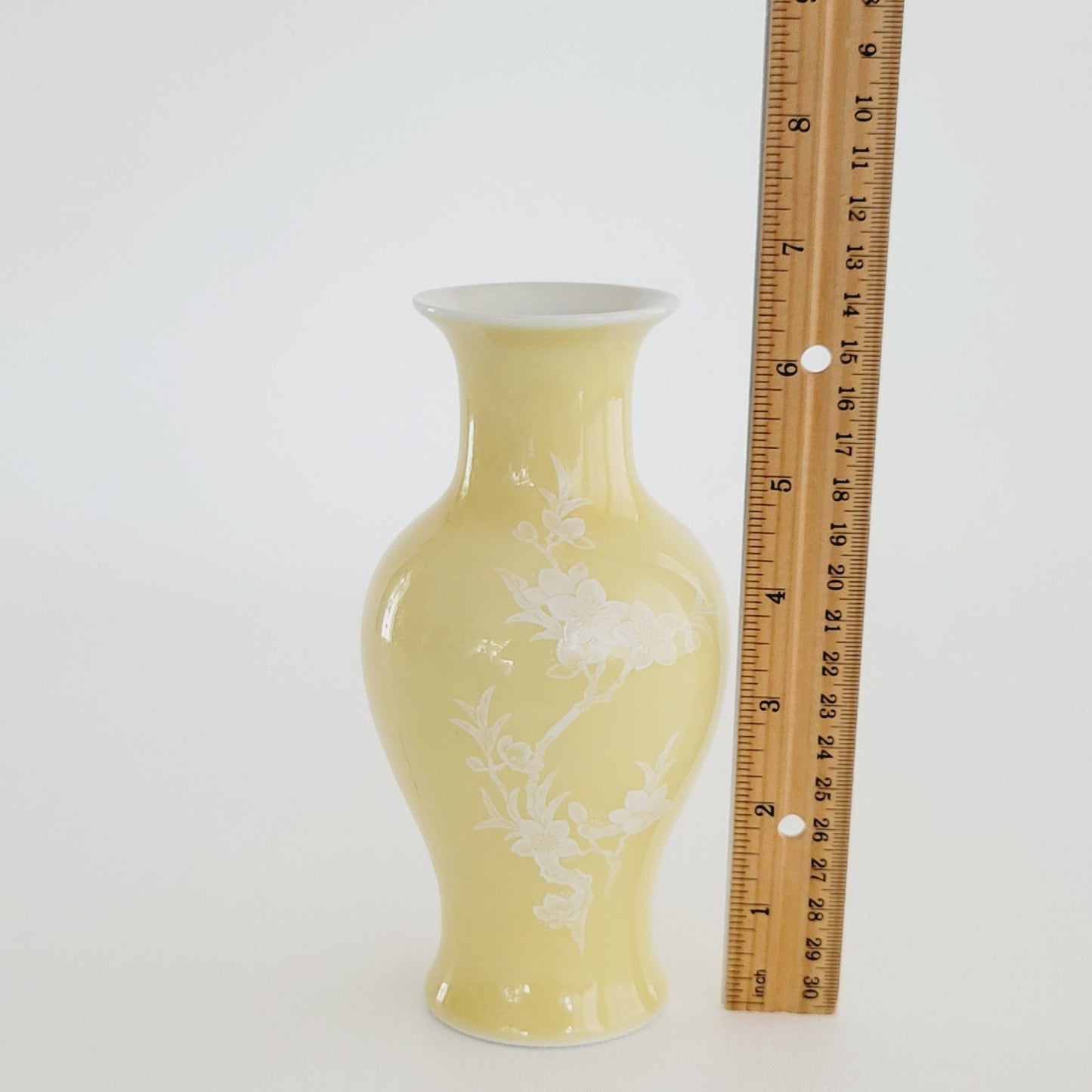 Chinese Yellow Cherry Blossom 6.5" Bud Vase White Floral Pate-Sur-Pate Paste, Jingdezhen Zhi c.1950-70