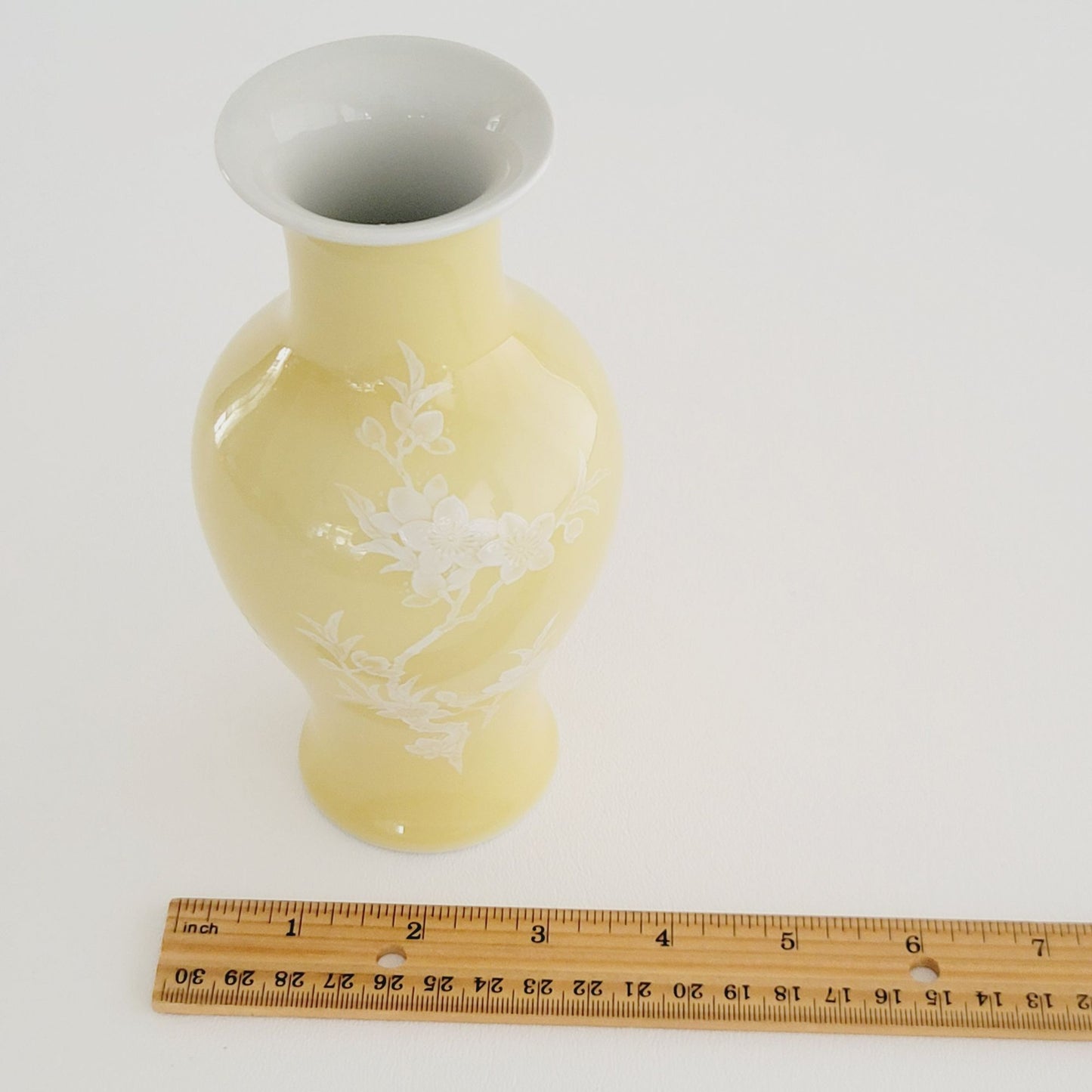 Chinese Yellow Cherry Blossom 6.5" Bud Vase White Floral Pate-Sur-Pate Paste, Jingdezhen Zhi c.1950-70