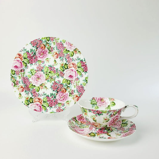 Fairmont Empress Rose Garden Teacup, Saucer & Plate, Pink Orange & Green Floral