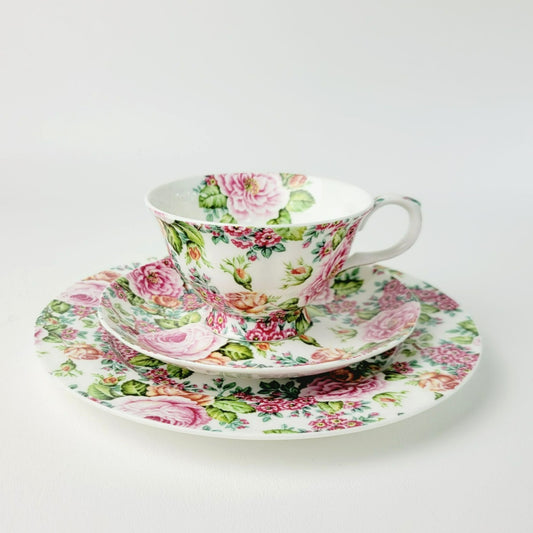 Fairmont Empress Rose Garden Teacup, Saucer & Plate, Pink Orange & Green Floral