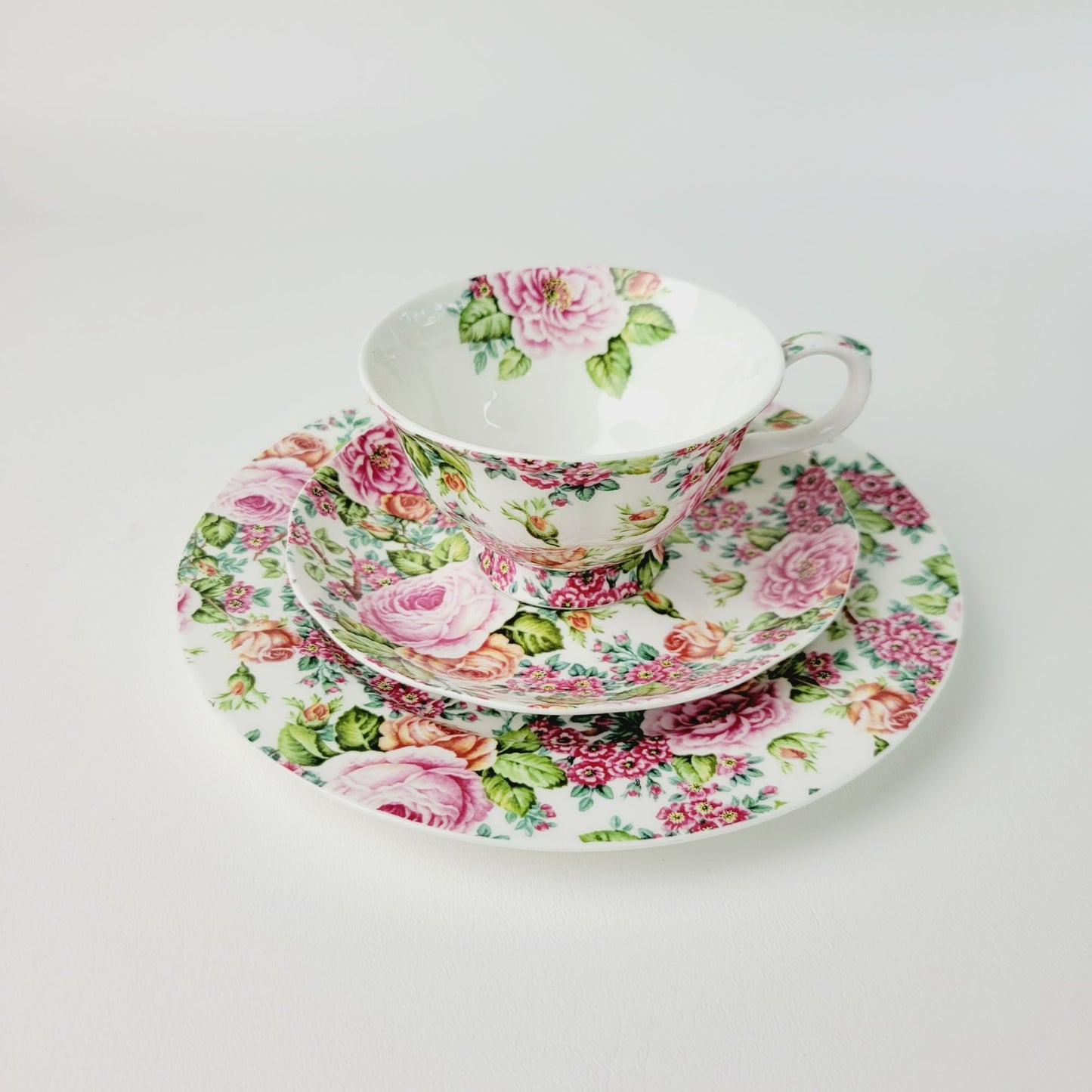 Fairmont Empress Rose Garden Teacup, Saucer & Plate, Pink Orange & Green Floral
