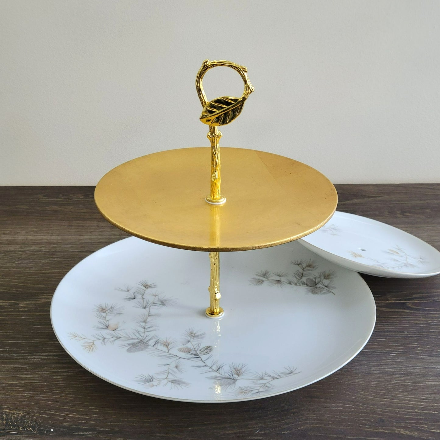 Mismatched 3 Tiered Dessert Stand, Pinecone & Branch Design