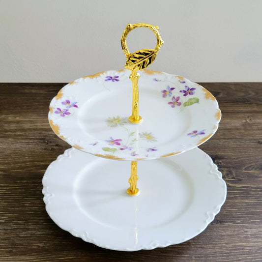 Mismatched Limoges Floral 2-Tiered Dessert Stand