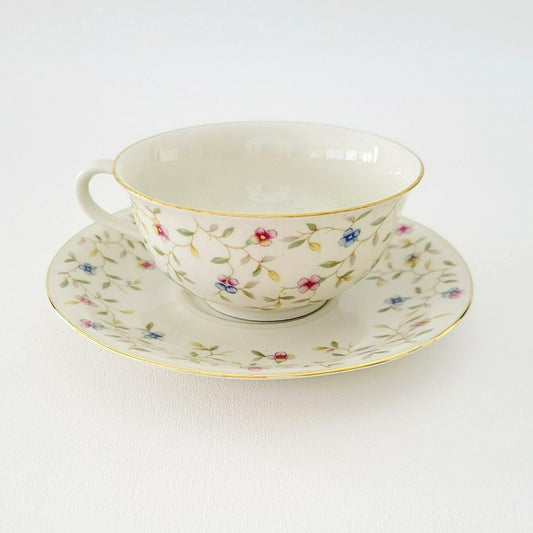 German Chintz Floral Teacup & Saucer, Cream with Pink & Blue Floral Design, Bavaria Elfenbein